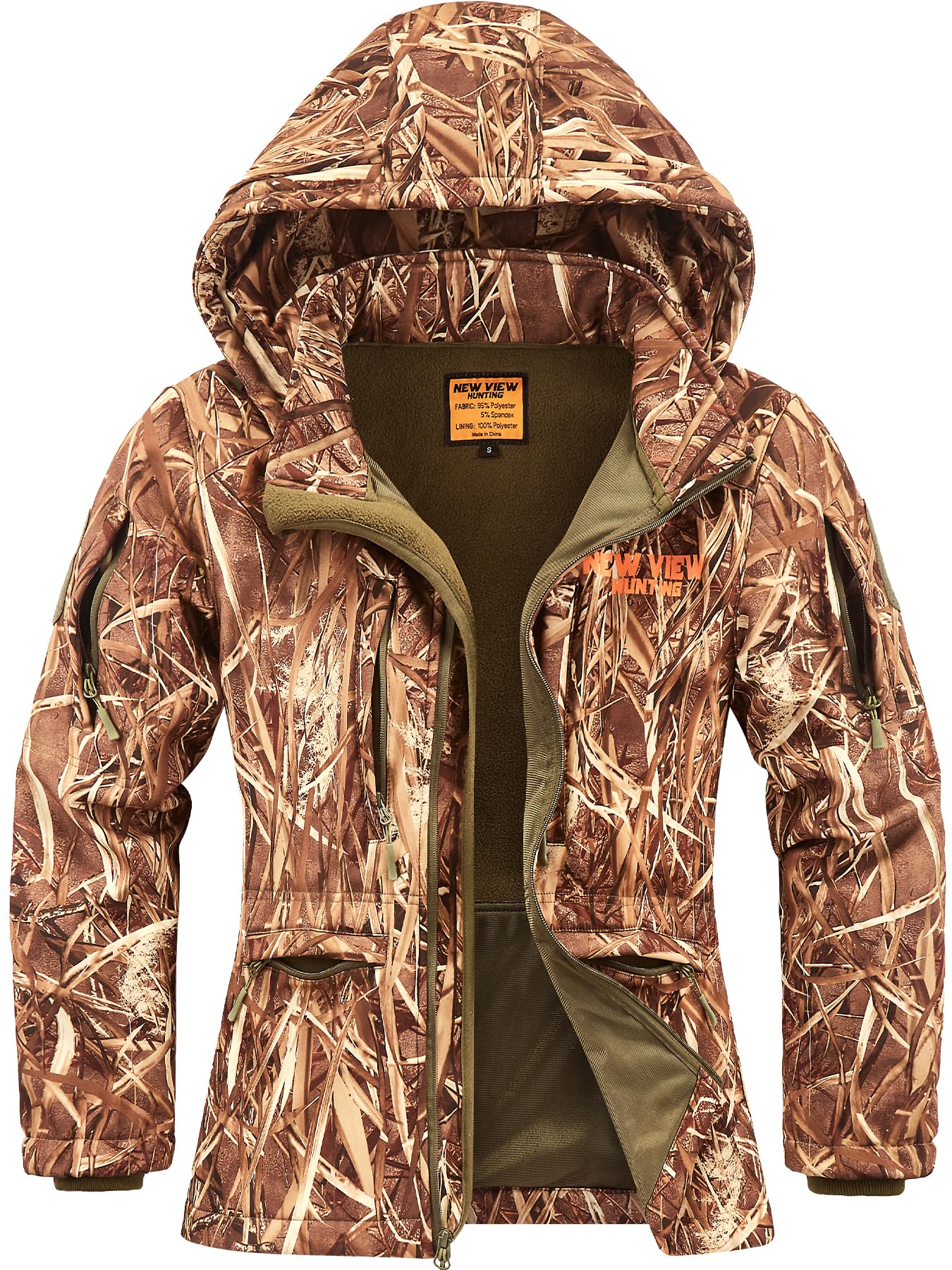 NEW VIEW Womens Hunting Clothes Upgraded Ultra-Quiet Water Resistant Camo Hunting Jacket for Duck Waterfowl Deer Hunting Nv Camo Reeds Large