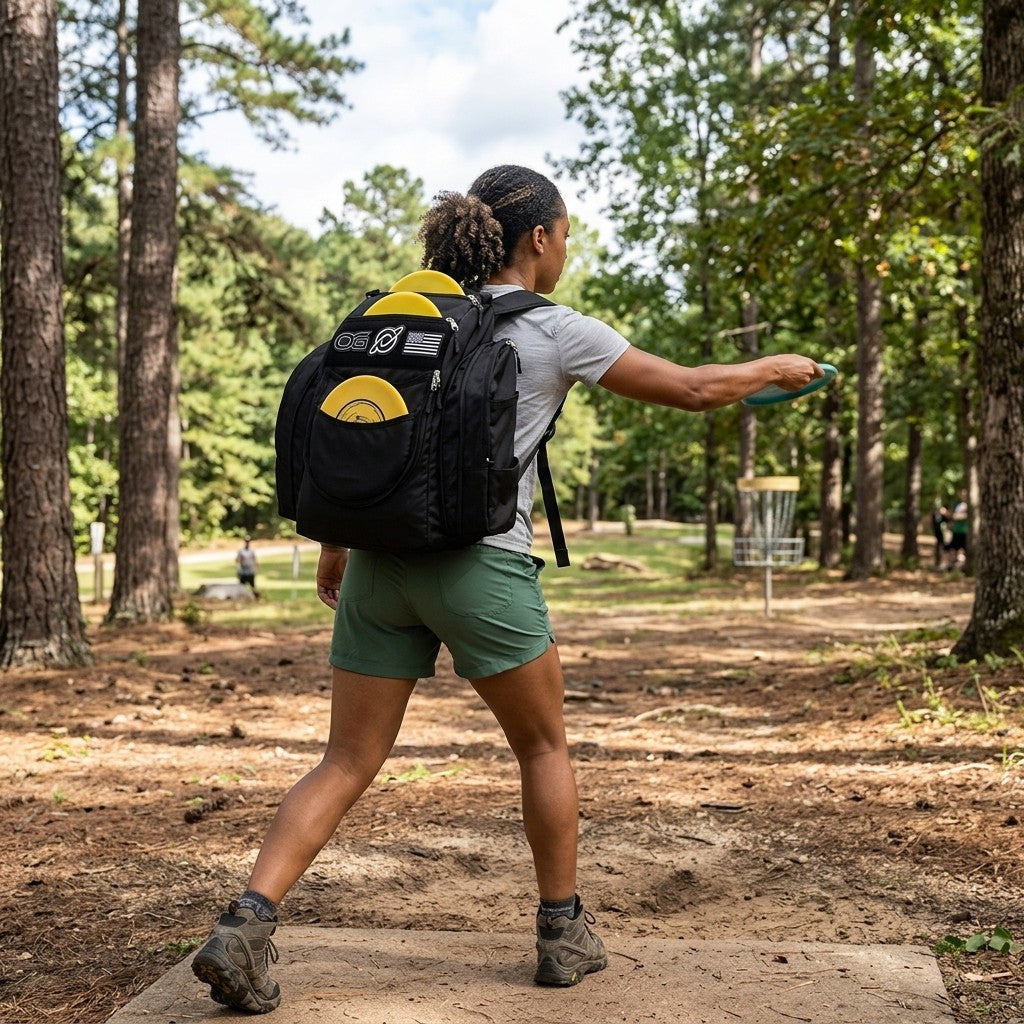 Discology Disc Golf OG Black V3 Disc Golf Bag | 26+ Disc Capacity | Premium Disc Golf Backpack Bag | Durable Design | 2 Large Side Compartments | Three Patches Included